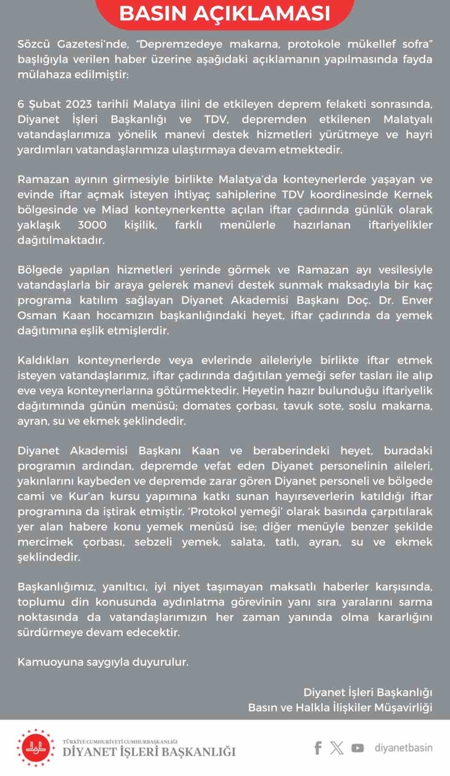 "Depremzedeye makarna" haberine Diyanet İşleri Başkanlığı’ndan sert yanıt