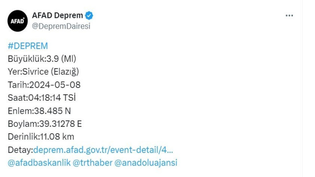 Elazığ’da 3.9 büyüklüğünde deprem