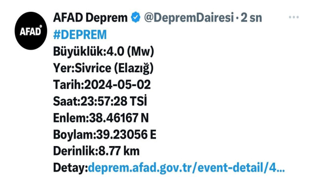 Elazığ’da 4.0 büyüklüğünde deprem