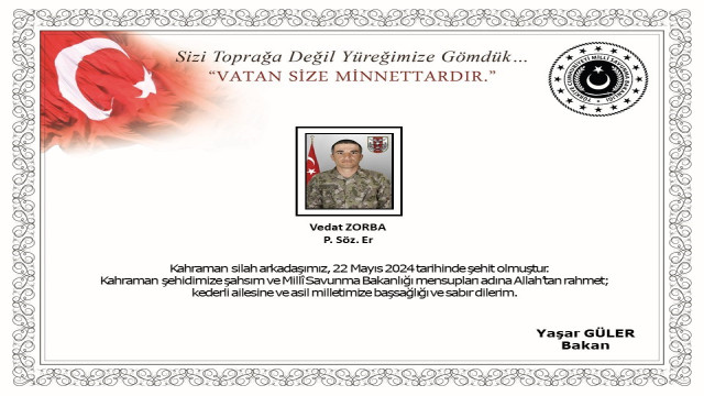 MSB: “Pençe-Kilit Operasyonu bölgesinde EYP patlaması sonucu yaralanan bir asker şehit oldu”
