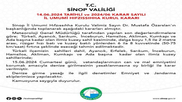 Sinop’ta 1 günlük deniz yasağı