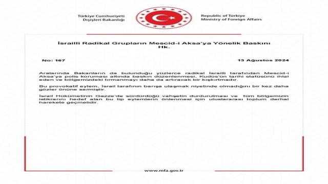 Dışişleri Bakanlığı: ”Mescid-i Aksa’ya baskın düzenlenmesi tırmanmayı daha da artıracak bir kışkırtmadır”