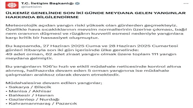 2 günde 111 yangın çıktı, 106'sı kontrol altına alındı