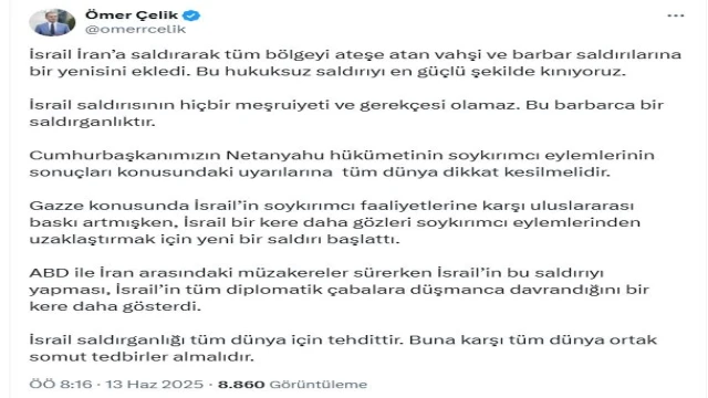 AK Parti'li Çelik: İsrail'in saldırısını en güçlü şekilde kınıyoruz