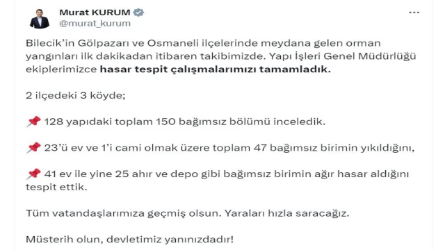 Bakan Kurum: Bilecik'teki yangında 23'ü ev, 47 birim yıkıldı