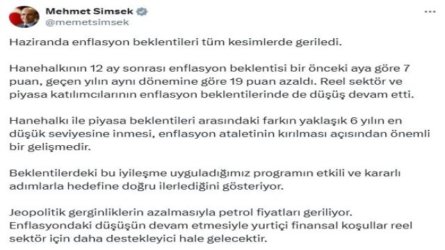 Bakan Şimşek: Enflasyon beklentileri tüm kesimlerde geriledi