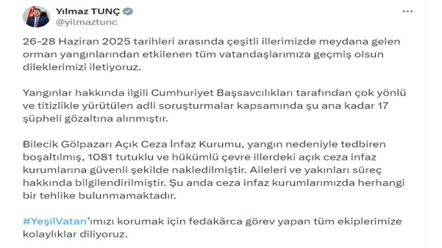 Bakan Tunç: Yangınlarla ilgili 17 şüpheli gözaltına alındı