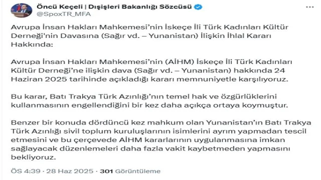 Dışişleri Sözcüsü Keçeli: AİHM'in kararını memnuniyetle karşılıyoruz