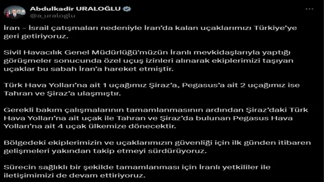 Bakan Uraloğlu: İran'da kalan uçaklarımızı Türkiye'ye geri getiriyoruz