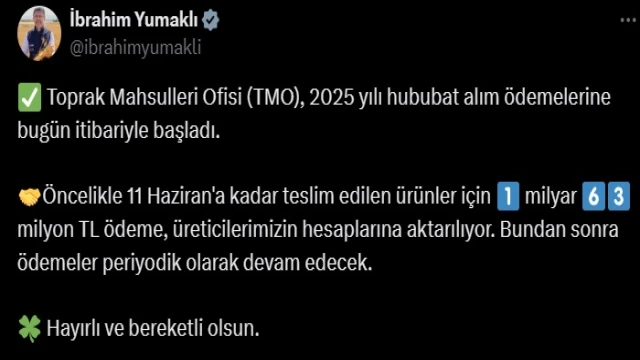 TMO, hububat alım bedellerini üreticilerin hesaplarına aktarmaya başladı