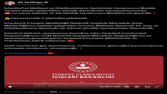 Bakan Yerlikaya, İstanbul'da 75 kilogram uyuşturucu madde yakalandığını duyurdu