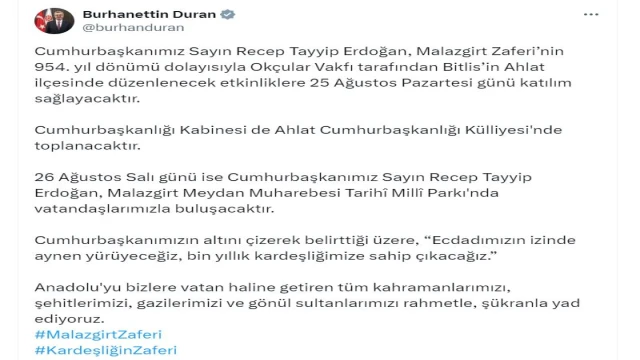 Cumhurbaşkanı Erdoğan, Malazgirt Zaferi kutlamalarına katılacak