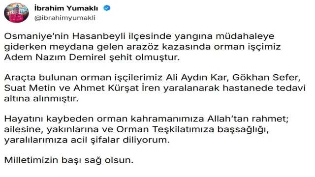Osmaniye'de arazöz kazasında 1 orman işçisi şehit oldu